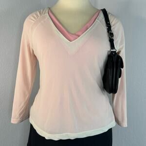 Y2k Balletcore Mesh Pink Layered Top V-Neck 3/4 Sleeves XL W